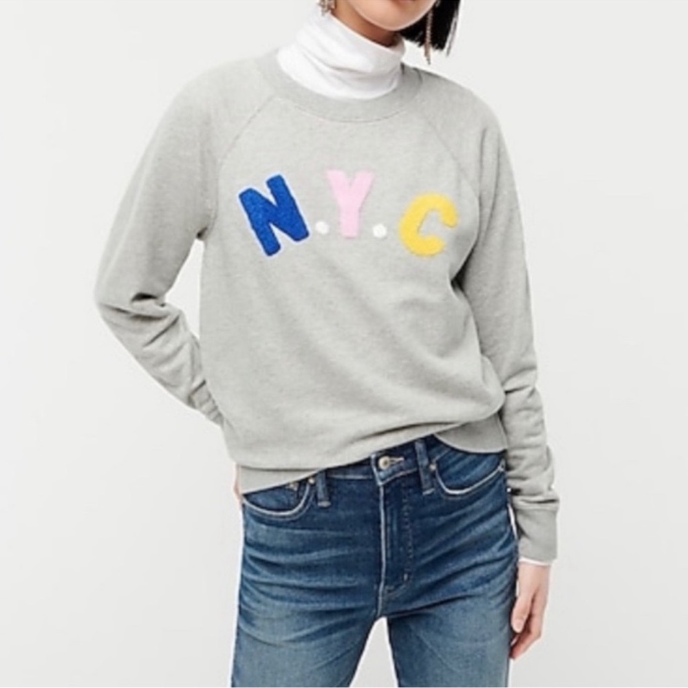 J. CREW Preppy Grey NYC Crewneck Sweatshirt Top w Puffy N.Y.C. Chest Letters
